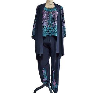 Bali Blossoms Vintage Black with Floral Guipure Lace 3-Piece Pant Suit Size M
